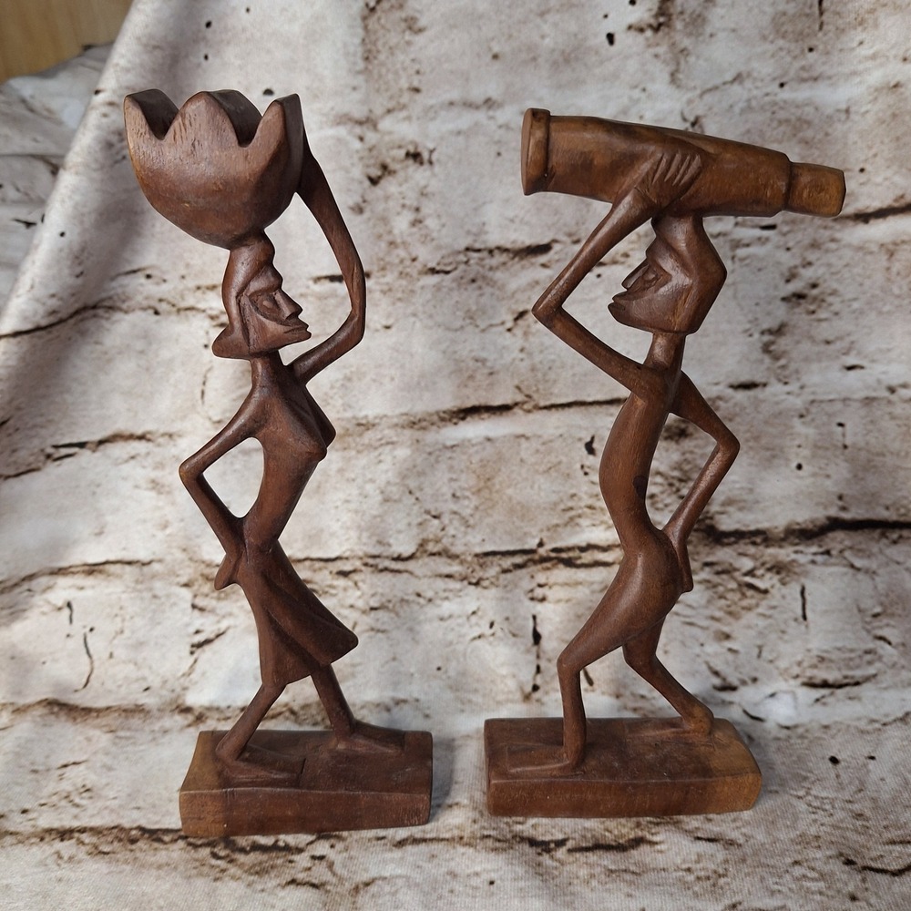 Vintage Hand Carved Wooden African Man & Woman Statue Figure Folk Art 11" tall